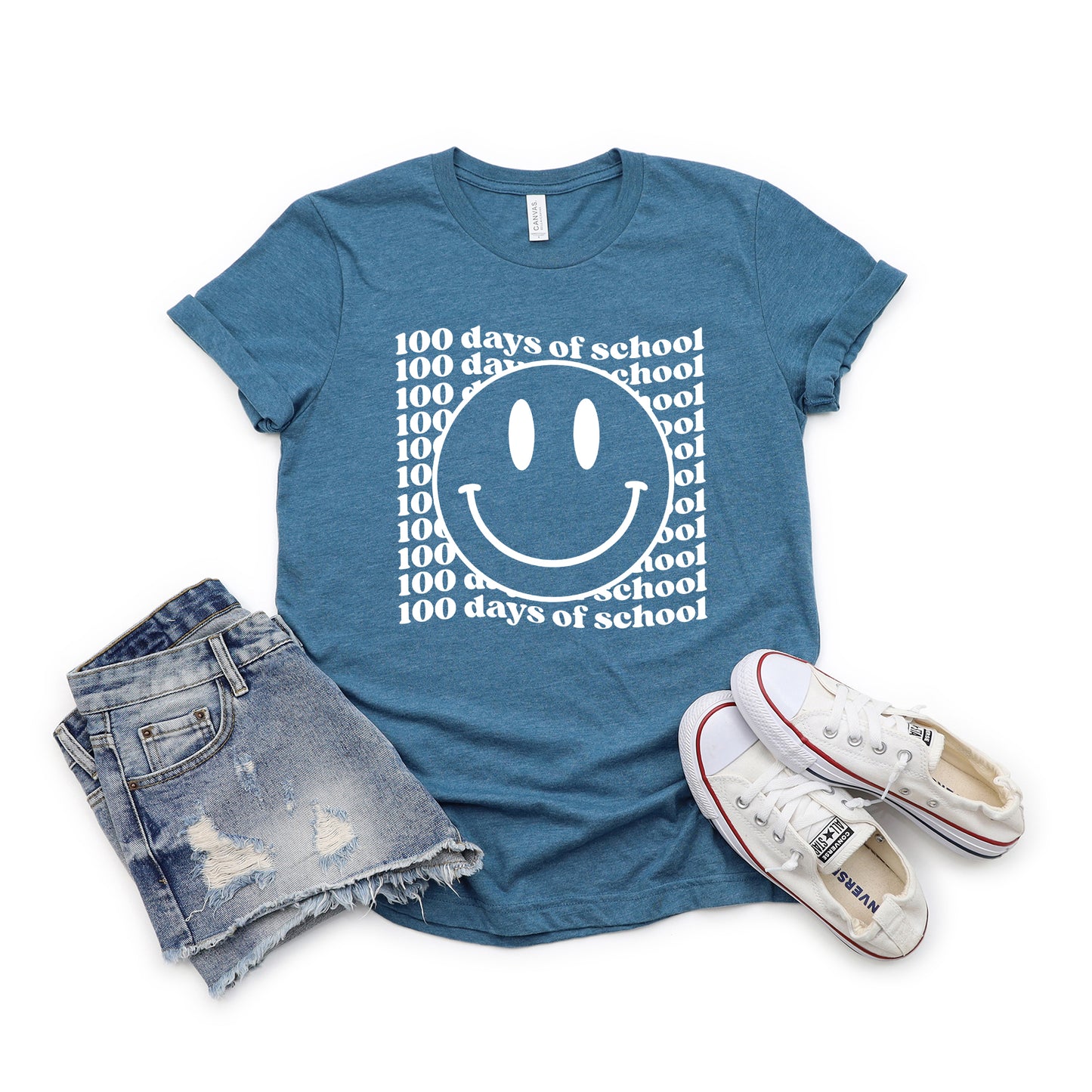 100 Days Of School Stacked With Smiley Face | Toddler Graphic Short Sleeve Tee
