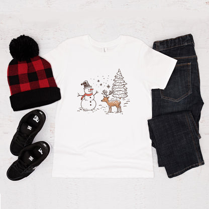 Deer Snowman Scene | Youth Graphic Short Sleeve Tee