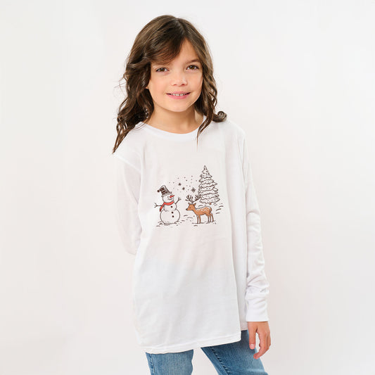 Deer Snowman Scene | Youth Graphic Long Sleeve Tee