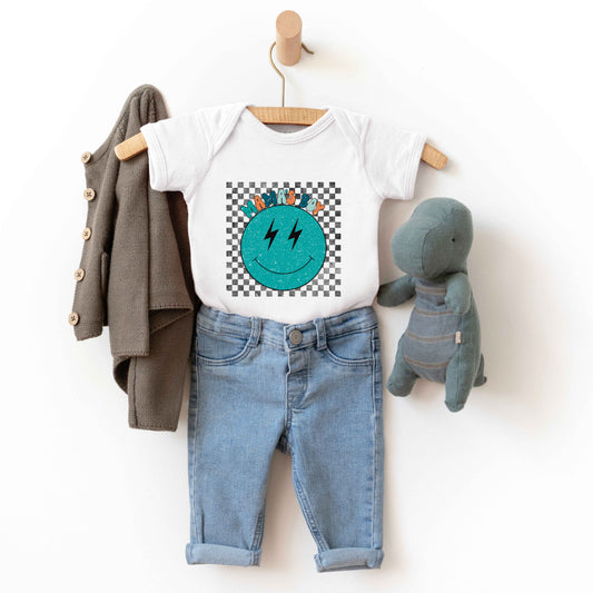 Mama's Boy Checkered Smiley Face | Baby Graphic Short Sleeve Onesie