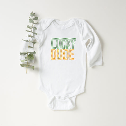 Block Checkered Lucky Dude | Baby Graphic Long Sleeve Onesie