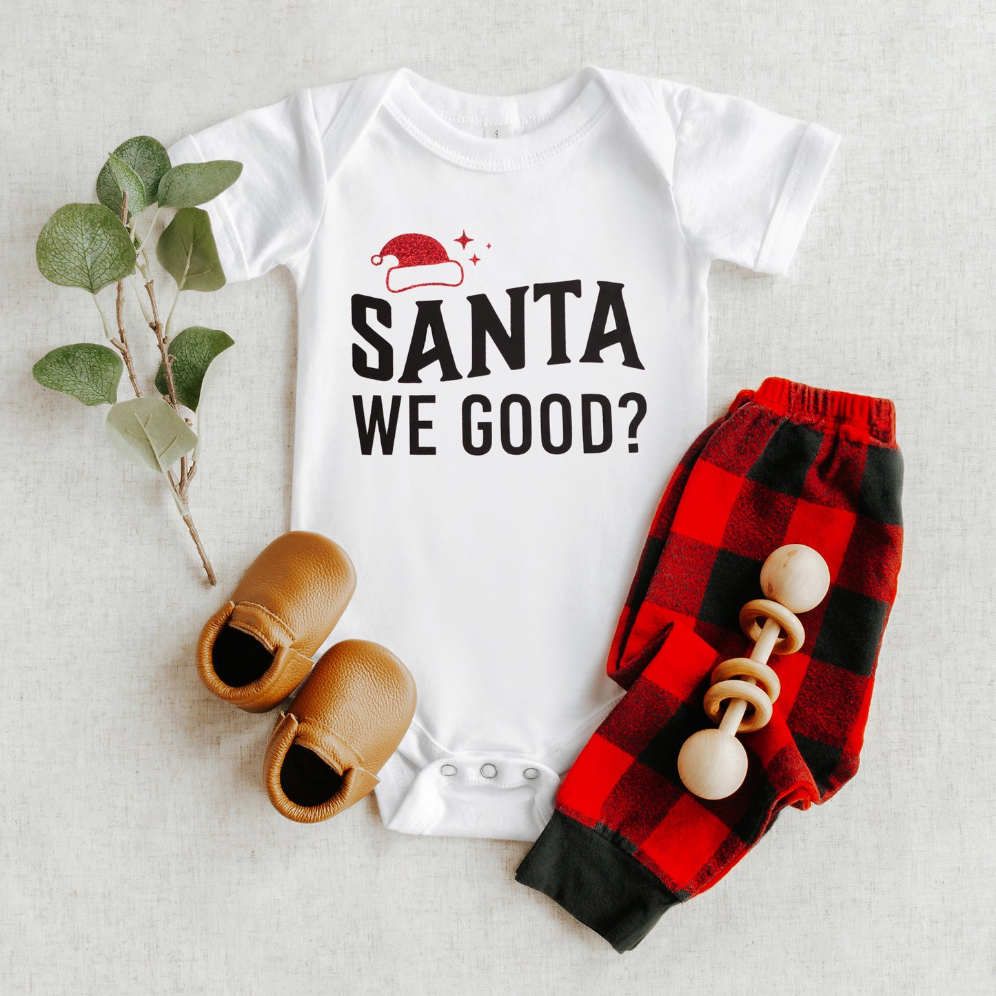 Santa We Good Glitter | Baby Graphic Short Sleeve Onesie