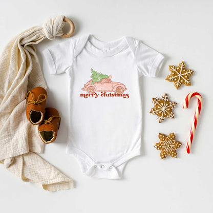 Merry Christmas Pink Car | Baby Graphic Short Sleeve Onesie