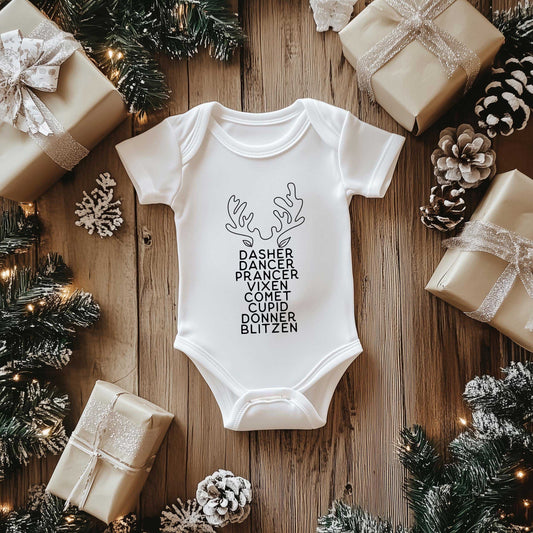 Reindeer Names Antlers | Baby Graphic Short Sleeve Onesie