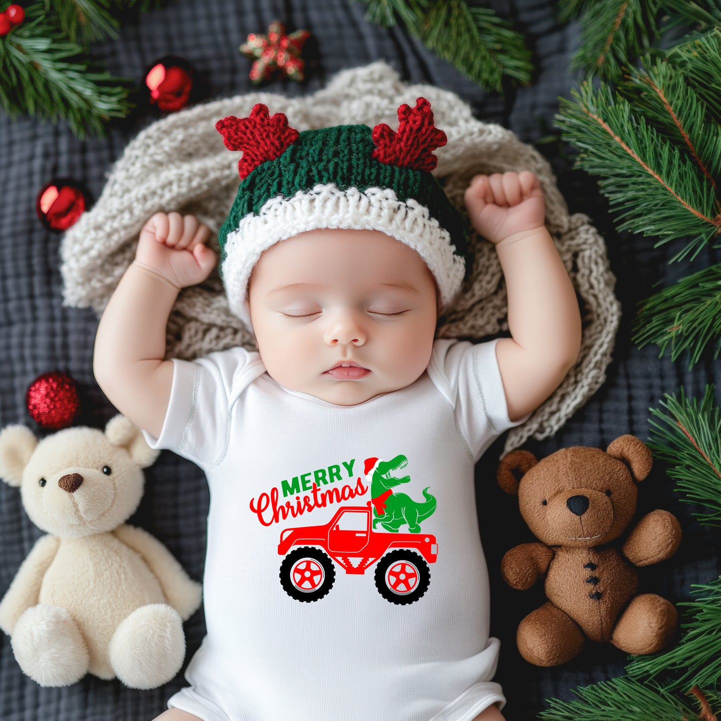 Christmas Dino Truck | Baby Graphic Short Sleeve Onesie