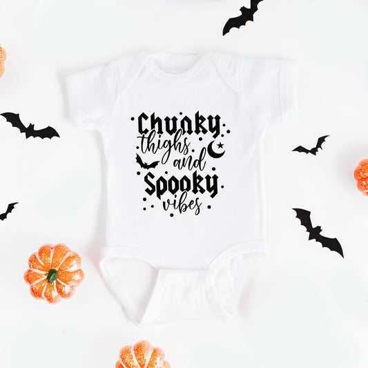 Chunky Thighs And Spooky Vibes Puff Print | Baby Graphic Short Sleeve Onesie