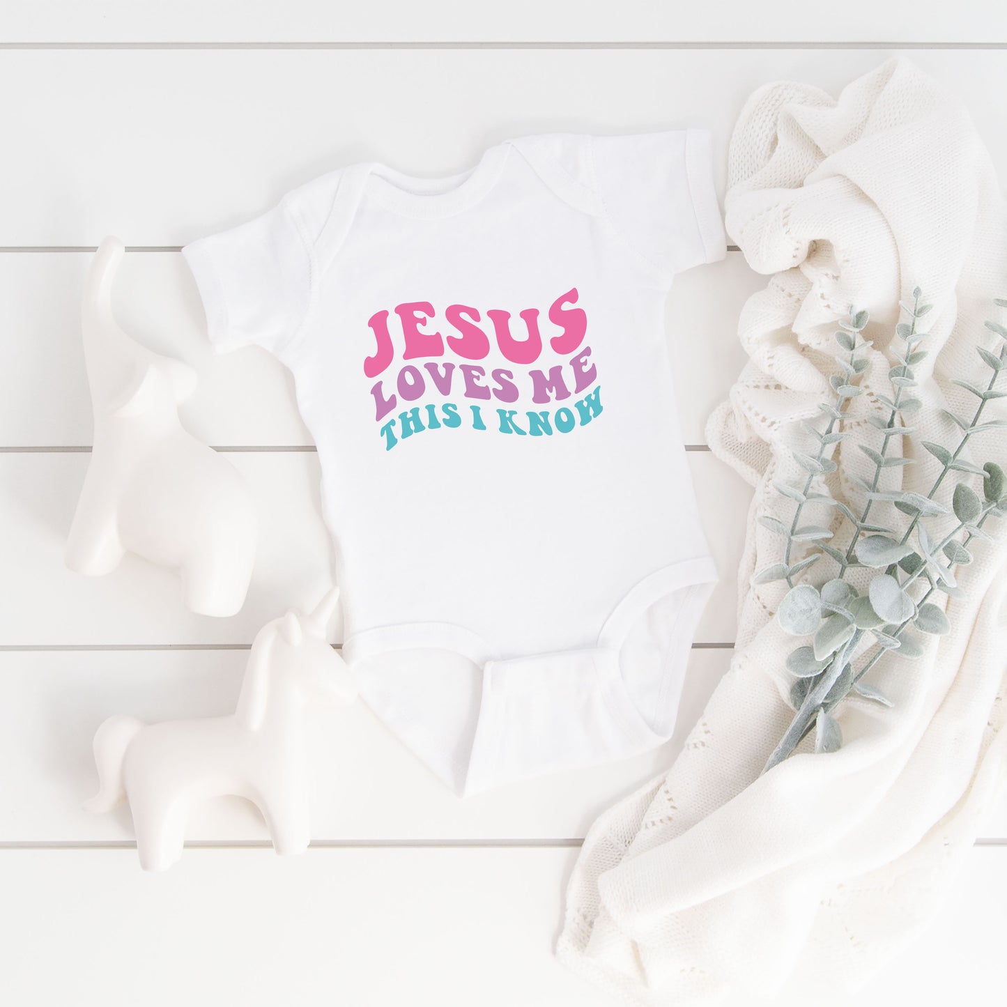 Jesus Loves Me This I Know Wavy | Baby Graphic Short Sleeve Onesie