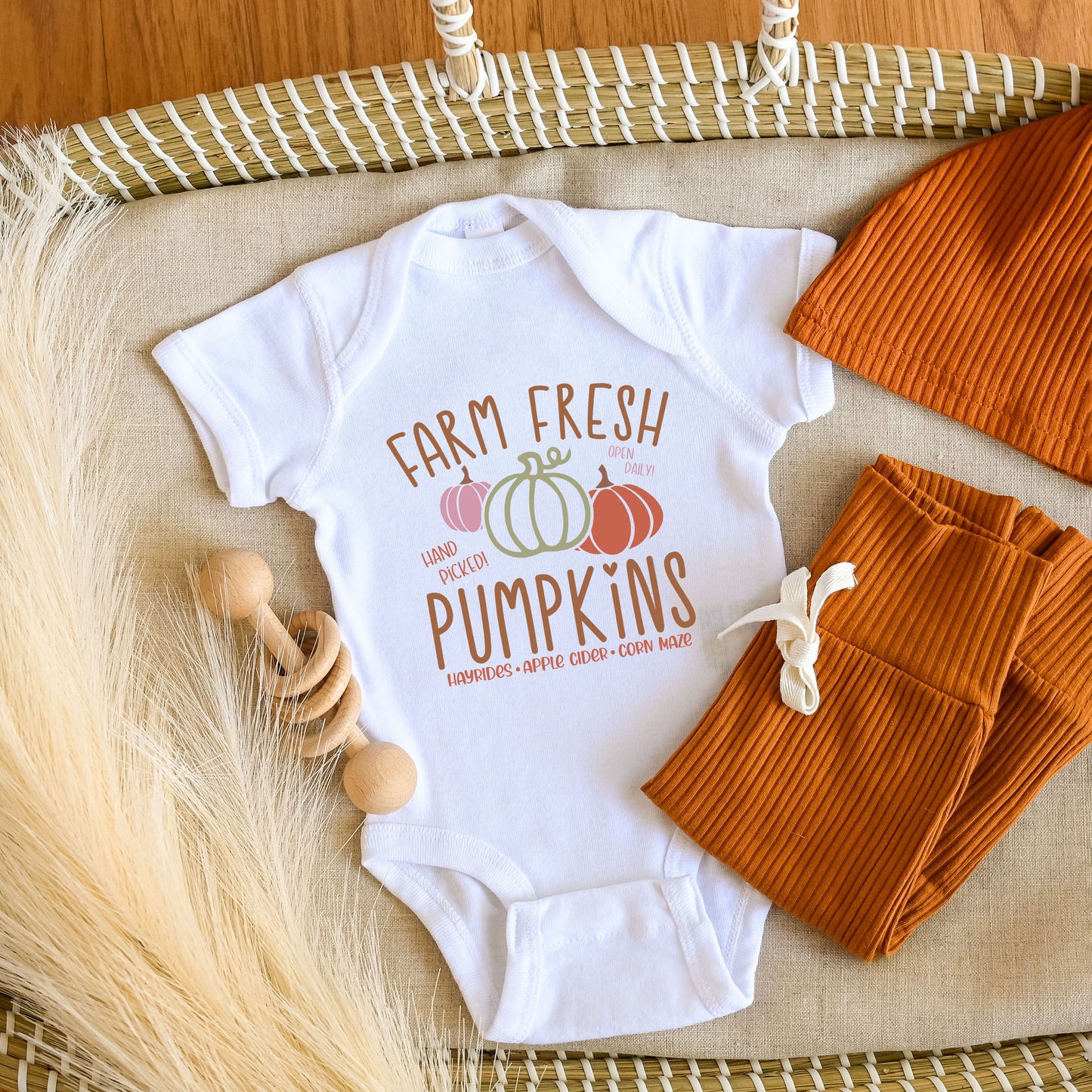 Colorful Farm Fresh Pumpkins | Baby Graphic Short Sleeve Onesie