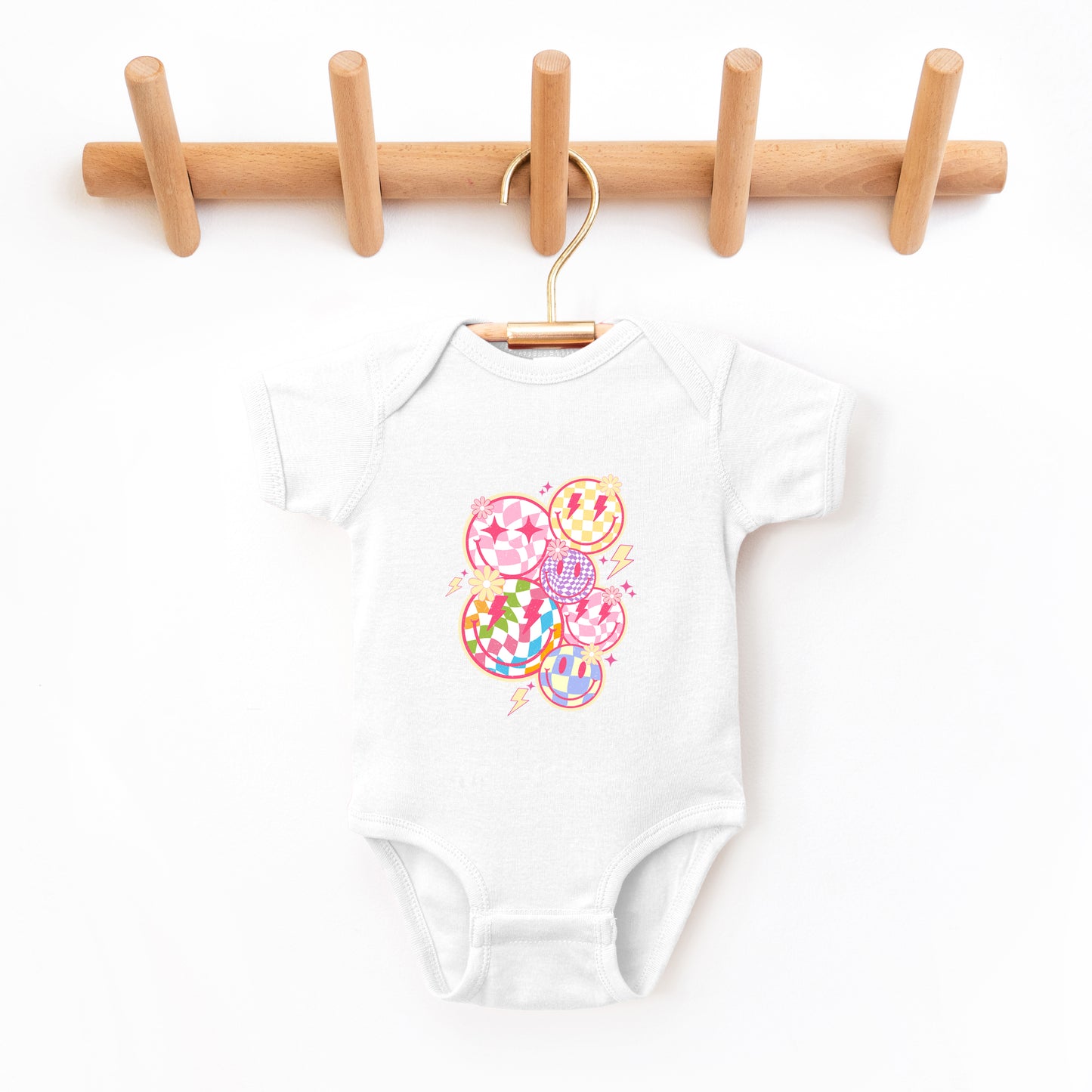 Colorful Checkered Smiley Face | Baby Graphic Short Sleeve Onesie