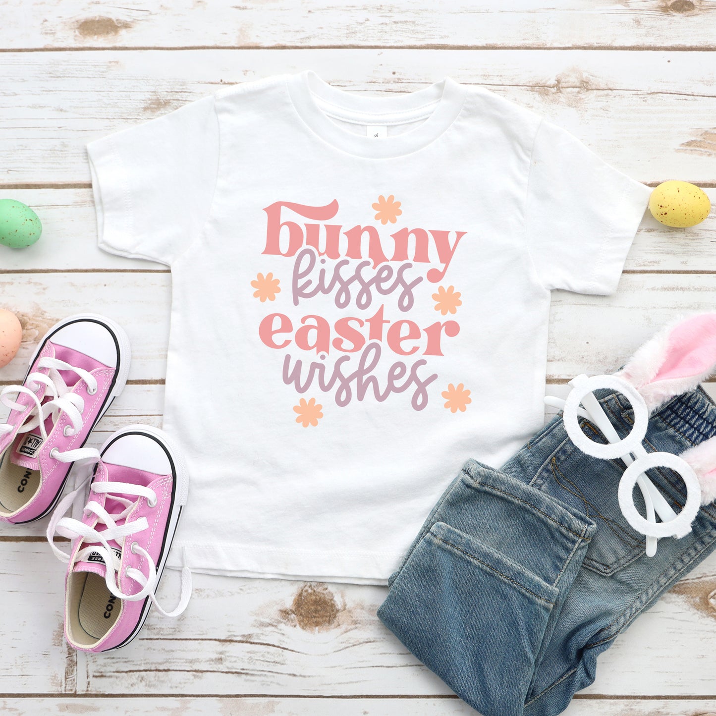 Bunny Kisses Easter Wishes Flowers | Toddler Graphic Short Sleeve Tee