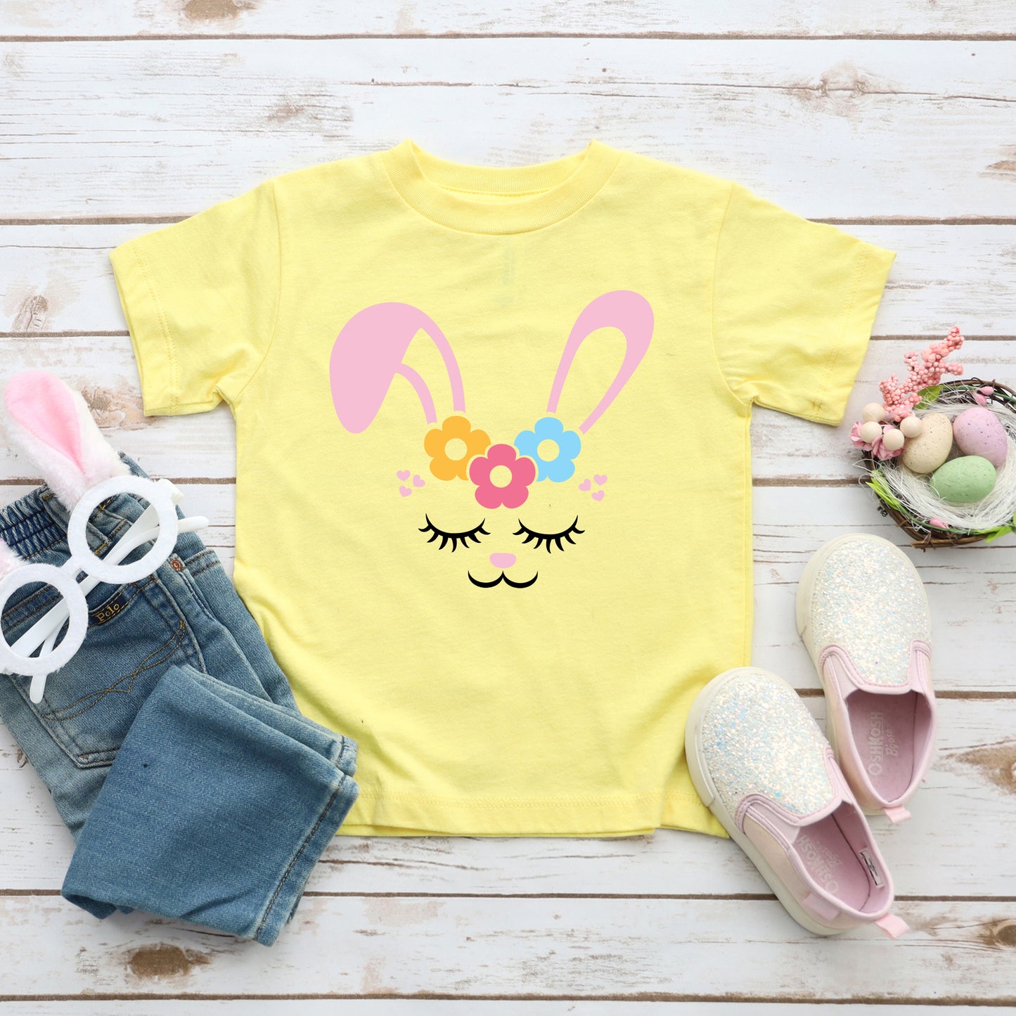 Bunny Face With Flowers | Toddler Graphic Short Sleeve Tee