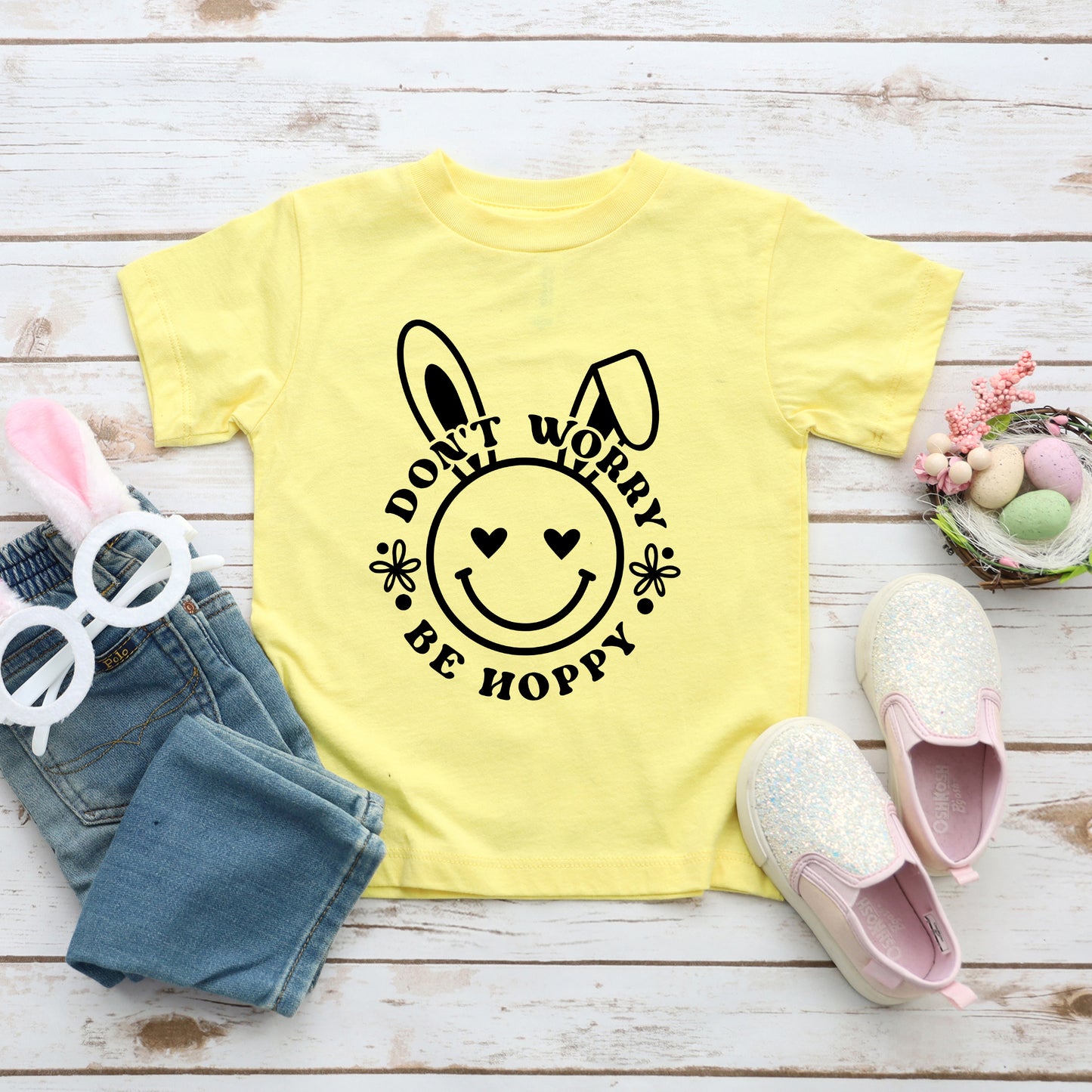 Don't Worry Be Hoppy Smiley Bunny | Toddler Graphic Short Sleeve Tee