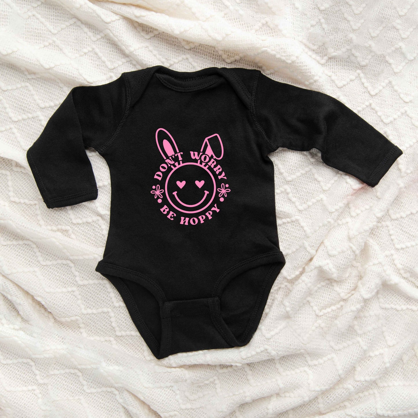 Don't Worry Be Hoppy Smiley Bunny | Baby Long Sleeve Onesie