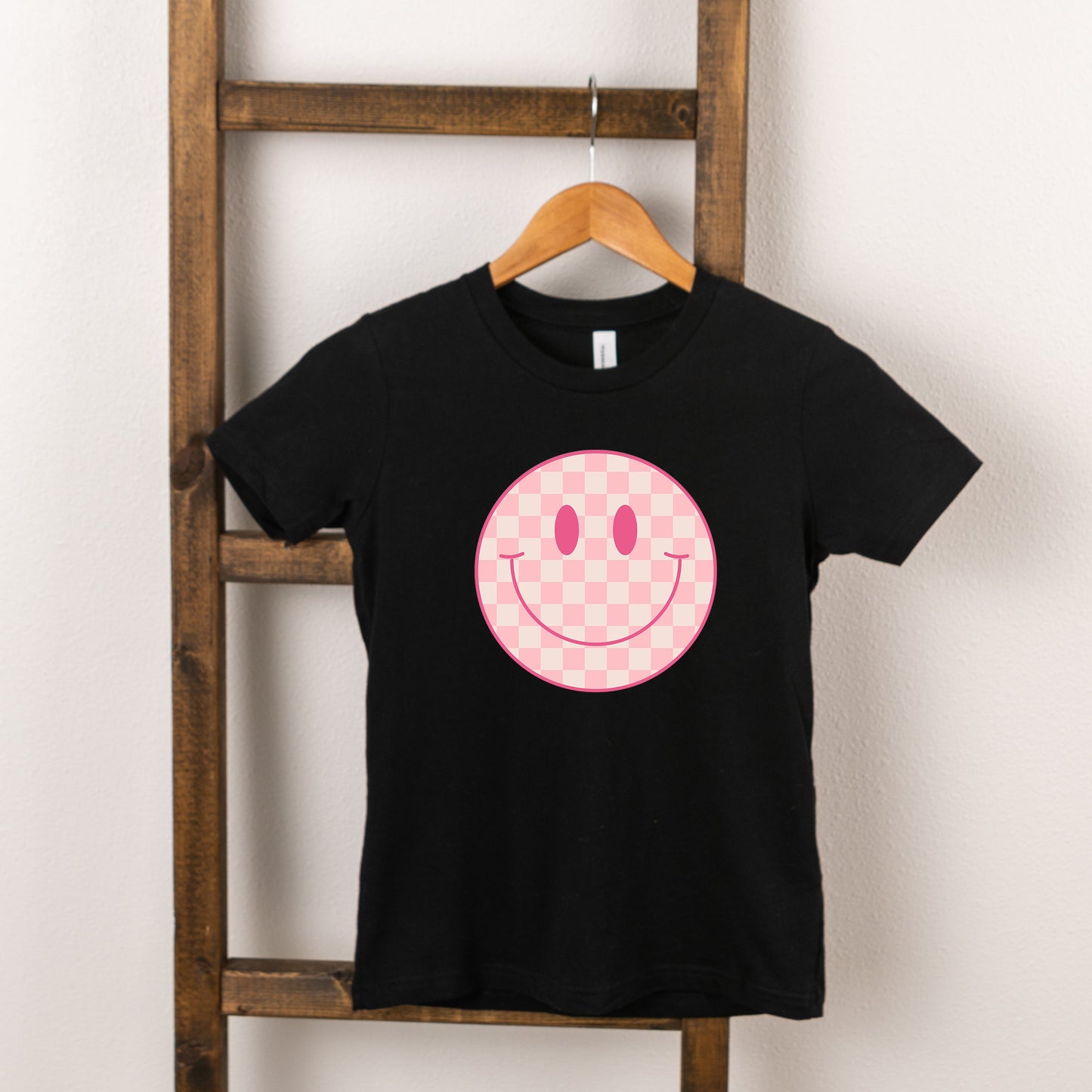 Pink Checker Smiley Face | Toddler Short Sleeve Crew Neck