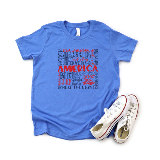 America Words Colorful | Youth Short Sleeve Crew Neck