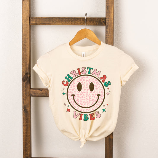 Retro Smiley Face Christmas Vibes | Toddler Short Sleeve Crew Neck