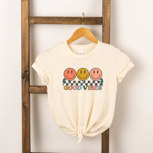 Checkered Good Vibes Smiley Face | Toddler Short Sleeve Crew Neck