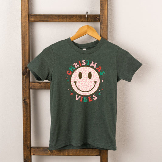 Retro Smiley Face Christmas Vibes | Toddler Short Sleeve Crew Neck