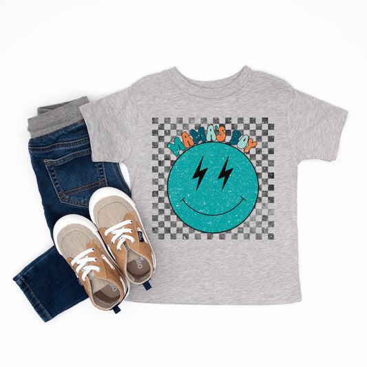 Mama's Boy Checkered Smiley Face | Toddler Short Sleeve Crew Neck