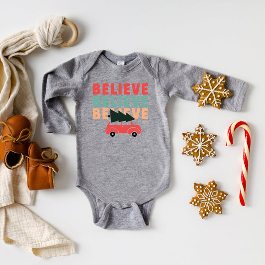 Believe Stacked Car | Baby Long Sleeve Onesie