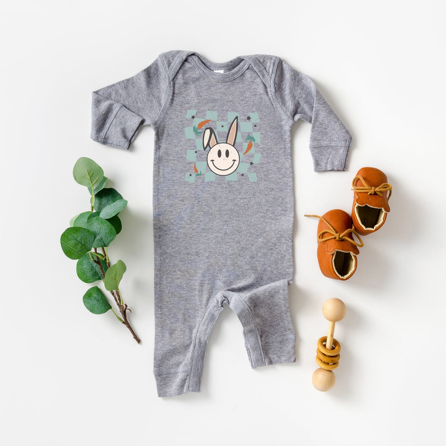 Checkered Smiley Easter Bunny | Baby Romper