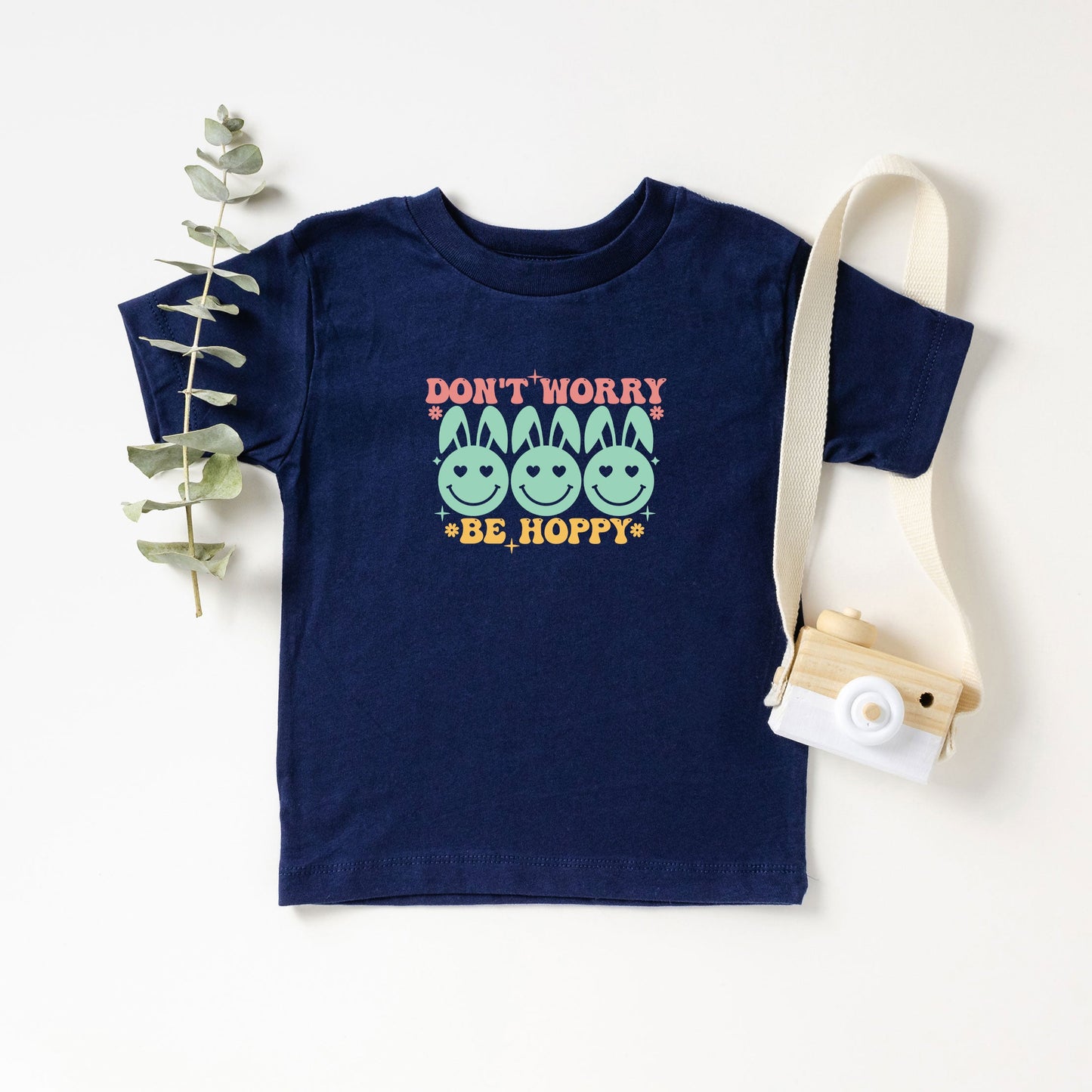 Don't Worry Be Hoppy Smiley Face With Ears | Toddler Short Sleeve Crew Neck