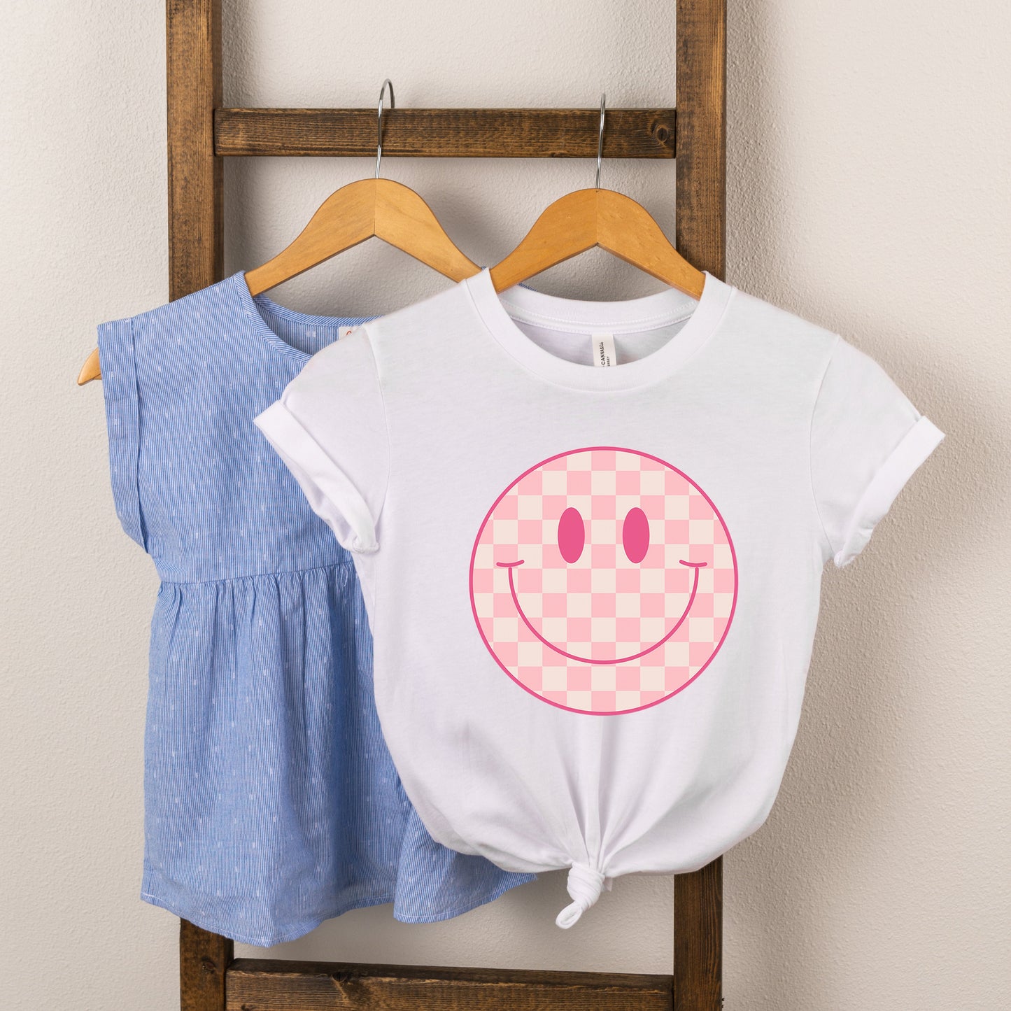 Pink Checker Smiley Face | Toddler Short Sleeve Crew Neck