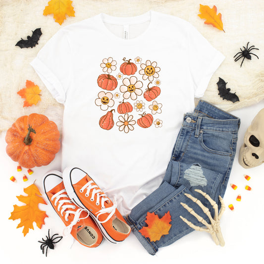 Distressed Flowers And Pumpkins | Youth Short Sleeve Crew Neck