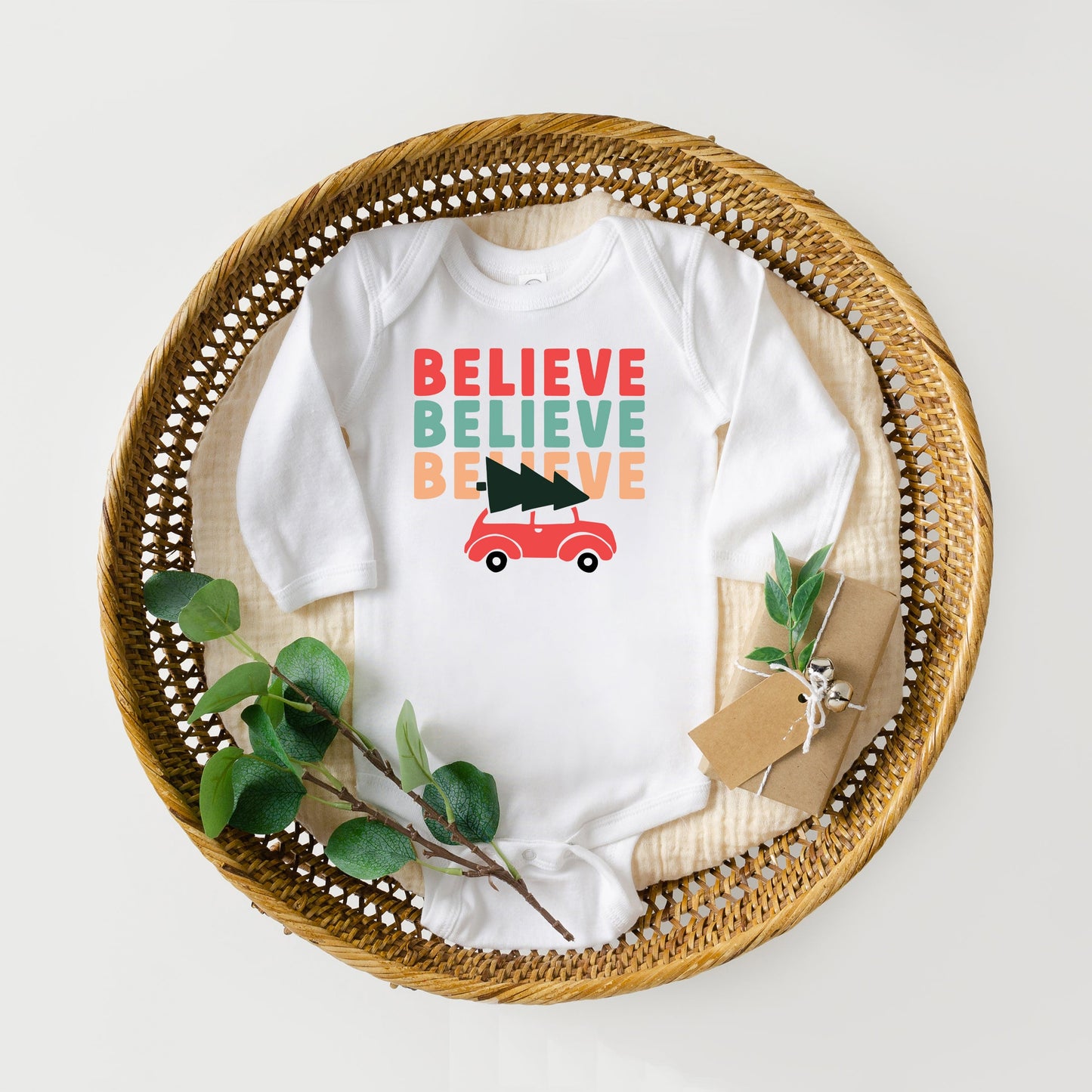 Believe Stacked Car | Baby Long Sleeve Onesie