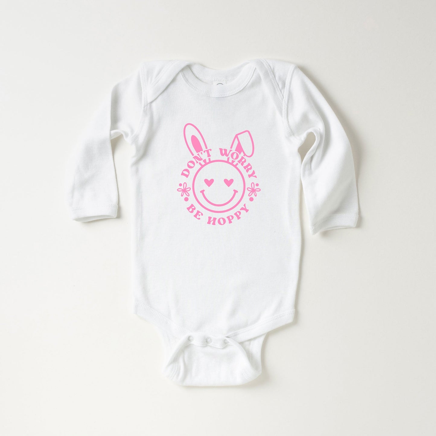 Don't Worry Be Hoppy Smiley Bunny | Baby Long Sleeve Onesie