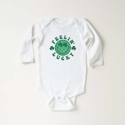 Feelin Lucky Checkered Smiley Face | Baby Long Sleeve Onesie