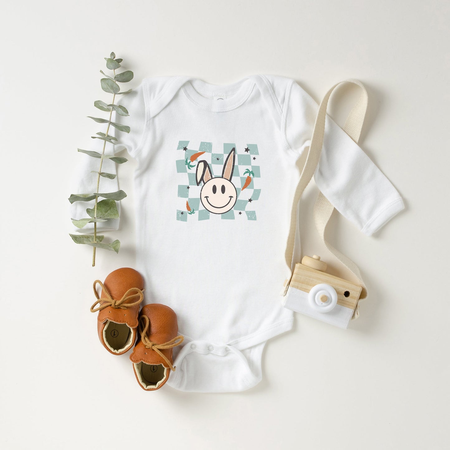 Checkered Smiley Easter Bunny | Baby Long Sleeve Onesie