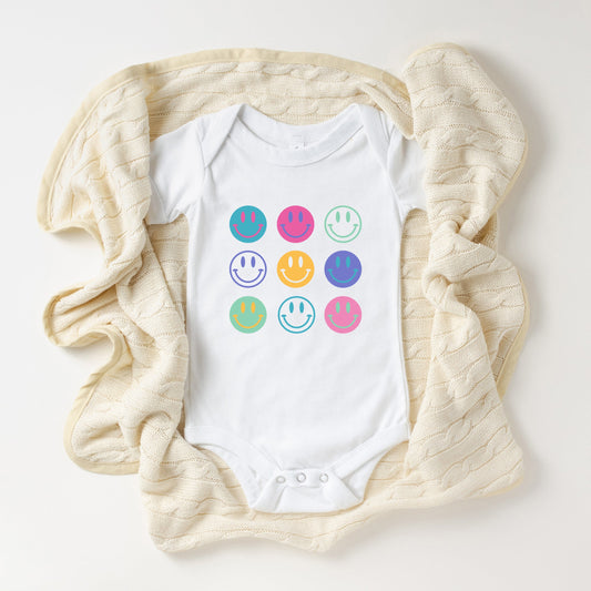 Stacked Smiley Faces | Baby Short Sleeve Crew Neck
